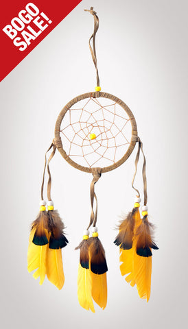 Item #owg004 – 4-1/2" Yellow Feather, Leather & Bead Dream catcher